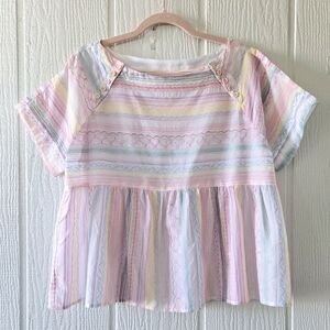 Anthropologie Lettie Embroidered Short Sleeve Peplum Crop Top Coastal White XS